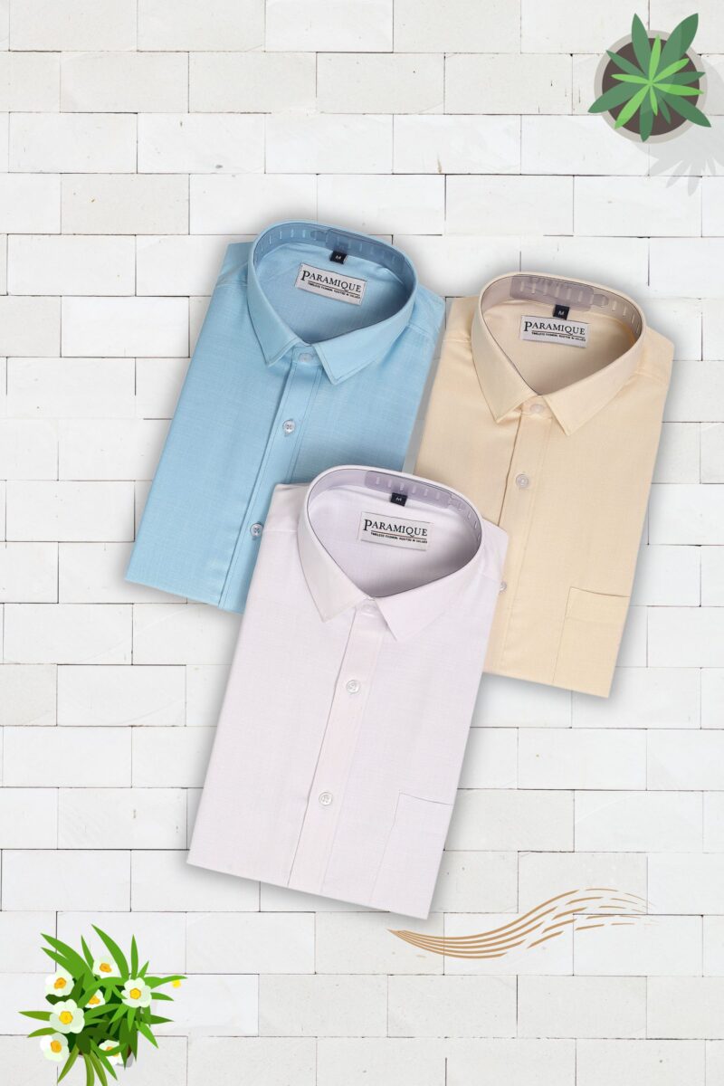 3 Shirt Combo – Cream (Light Yellow), Sky Blue & White | Premium Cotton Blend